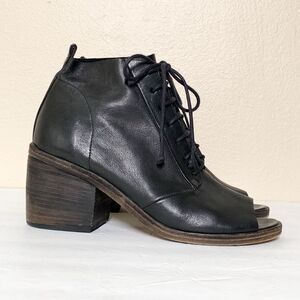 Marsell Peep Toe Booties Lace Up 38.5 US 8.5 Black Leather Block Heel